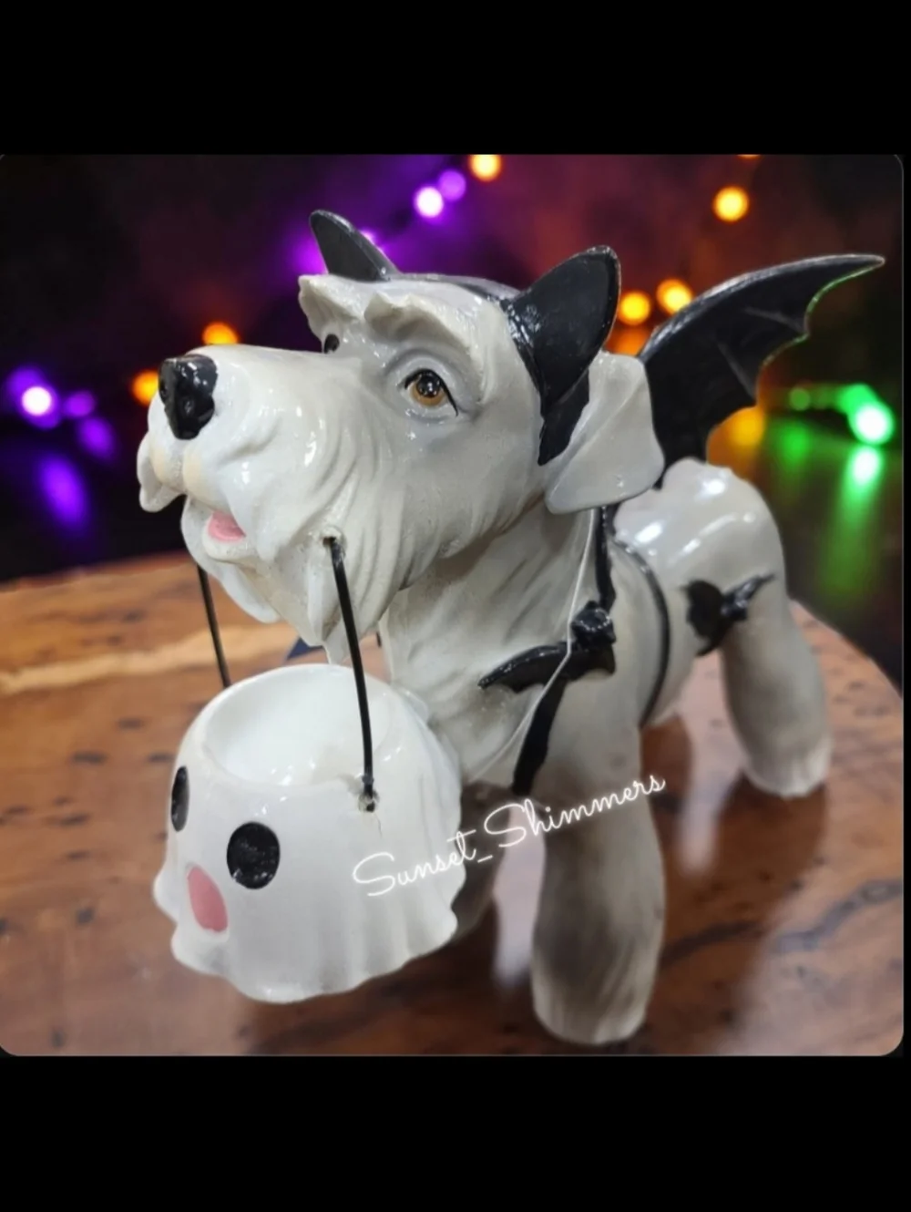 Bat Schnauzer Dog w/ Ghost Bucket in Halloween Costume Figure Statue Decor New